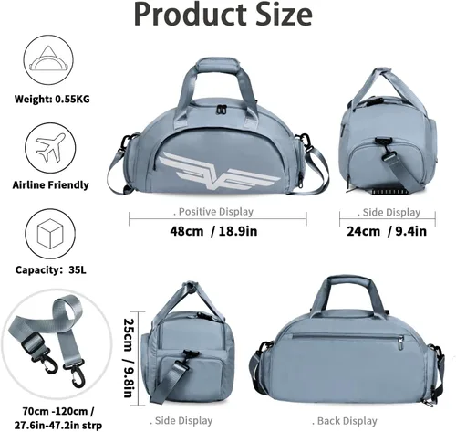 Miniatura 3 de FIORETTO Bolsa de deporte para hombre con bolsillo húmedo y compartimento para zapatos, ideal para viajes, gimnasio, deportes, natación, B-azul