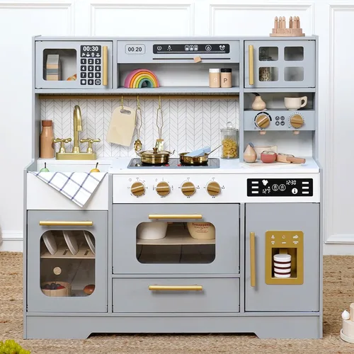 Cocina de madera de juguete para niños – Juego de cocina de simulación con estufa realista, fregadero, cafetera, máquina de hielo, cocina de juguete