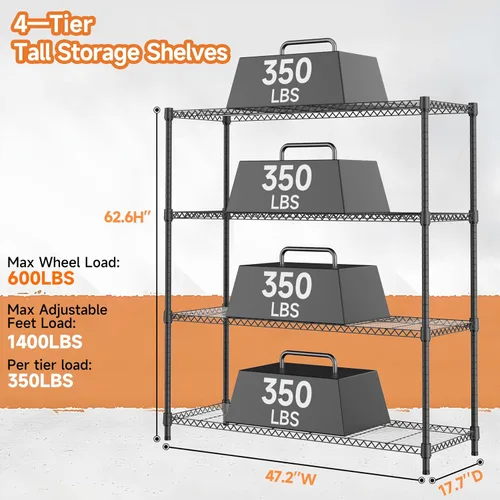 Miniatura 3 de M MZG Estantes de almacenamiento de 4 niveles con carga de 1400 libras, estantes de metal de alambre de metal para almacenamiento, estantes de Negro