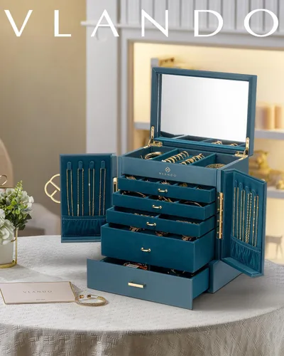 Miniatura 2 de Vlando Joyero grande, cajas de joyería y organizadores de 6 niveles, estuche de almacenamiento de joyas con espejo con 5 cajones, reloj de piel
