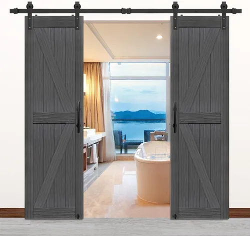 Miniatura 30 de S&Z TOPHAND® Puerta de granero doble de MDF de 18 x 84 pulgadas con kit de herrajes para puerta corredera de 6 pies, tablero sólido de puerta