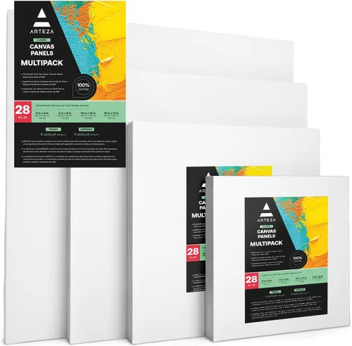 ARTEZA Tableros de lienzo para pintura, 6 x 6, 8 x 8, 10 x 10, 12 x 12 pulgadas, paquete múltiple de 28, lienzo blanco en blanco para pintura
