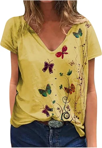 Tops for Women Casual Summer,Women Butterfly Printed Top Summer Short Sleeve TeeShirts V Neck Dressy T Shirt