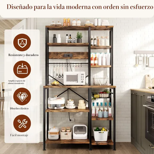 Miniatura 7 de GRUSIGN Estante para hornear de cocina con almacenamiento, estación de barra de café de 6 niveles con toma de corriente, soporte para microondas