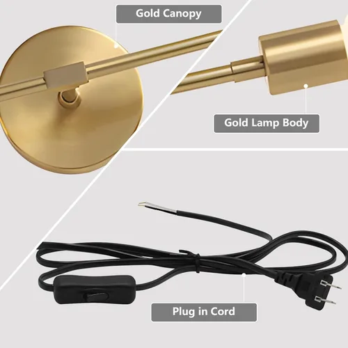 Miniatura 3 de KCO Lámpara de pared dorada con 2 luces para tocador de baño, luz de lectura de pared de latón, moderna de mediados de siglo, para pasillo, sala