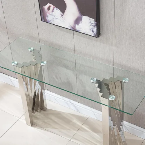 Miniatura 91 de Mesa de centro de cristal de lujo, mesa de centro de sofá de 47 pulgadas con marco de acero inoxidable dorado y parte superior de vidrio negro, mesa