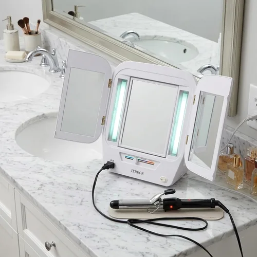 Miniatura 7 de Jerdon JGL10 W Euro Espejo de 3 paneles iluminado con aumento de 5X, 4 configuraciones de luces, acabado blanco
