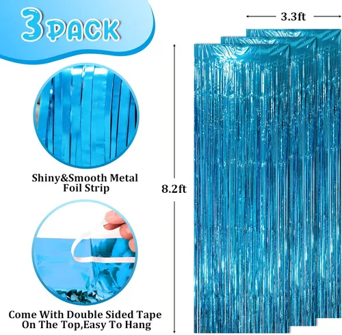 Miniatura 2 de Voircoloria - Cortinas de fondo de flecos de papel de aluminio para fiestas, 3 piezas, 39.6 x 98.4 pulgadas, azul retro 48 Retro Azul
