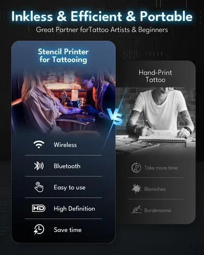 Miniatura 4 de Impresora inalámbrica de plantillas de tatuaje 2025 con 10 piezas de papel de transferencia, máquina impresora de tatuajes para artistas de tatuajes