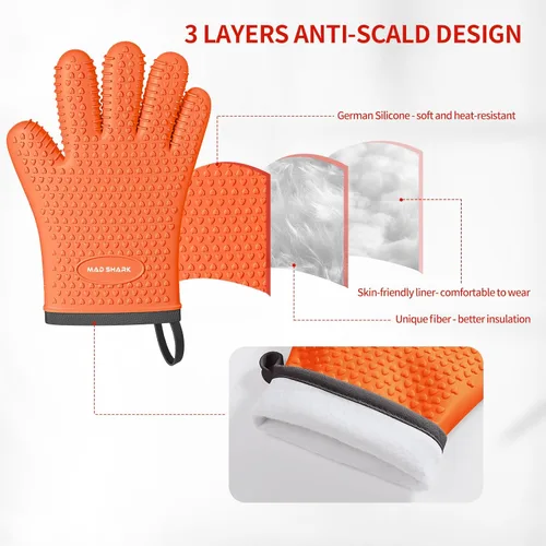 Miniatura 5 de MAD SHARK Guantes de horno de silicona resistentes al calor, 450 °F con guantes de horno impermeables y antideslizantes con dedos, guantes de horno