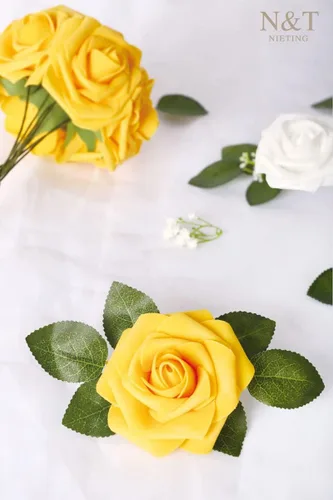 Miniatura 274 de N&T NIETING Flores artificiales, rosas artificiales de color rosa intenso, 50 piezas de flores falsas con tallo para ramos de boda DIY, centros
