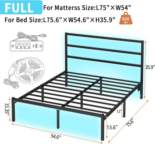 Miniatura 2 de CLIBFENG Marco de cama tamaño completo con cabecero, soporte de listones de acero resistente, marco de cama LED con estación de carga USB, base