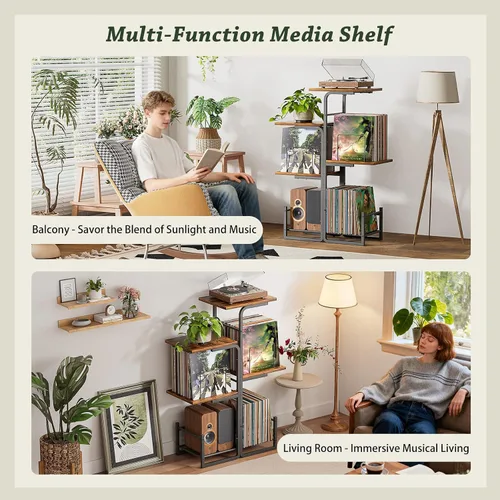 Miniatura 3 de Bikoney - Soporte para tocadiscos inspirado en jardineras con gran almacenamiento de vinilo, mesa de tocadiscos vintage con estante para LP