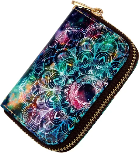 Miniatura 5 de AIRMORS Tarjetero para mujer con cremallera de cuero con cierre RFID bloqueo llavero (AA Mandala in the Galaxy)