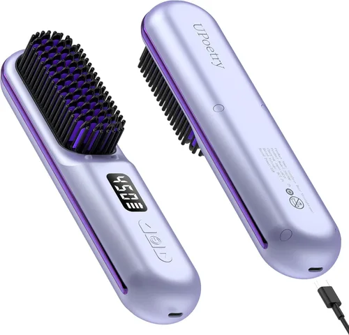 Cepillo alisador de pelo inalámbrico, mini cepillo portátil con calefacción para mujeres, 9600 mAh USB-C recargable, alisador ligero antiquemaduras