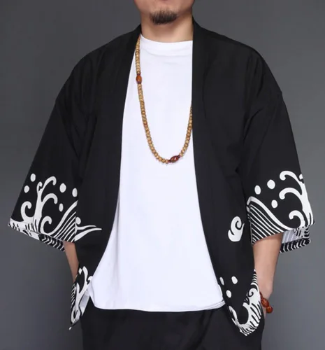 Miniatura 4 de LifeHe Chaquetas tipo kimono para hombre, cárdigan japonés, ligero, casual, siete mangas, frente abierto, camisa abrigo