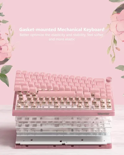 Miniatura 6 de Womier 60% Teclado QMK/VIA, Teclado mecánico rosa para juegos cremoso, montaje de juntas intercambiable en caliente, teclado RGB con cable