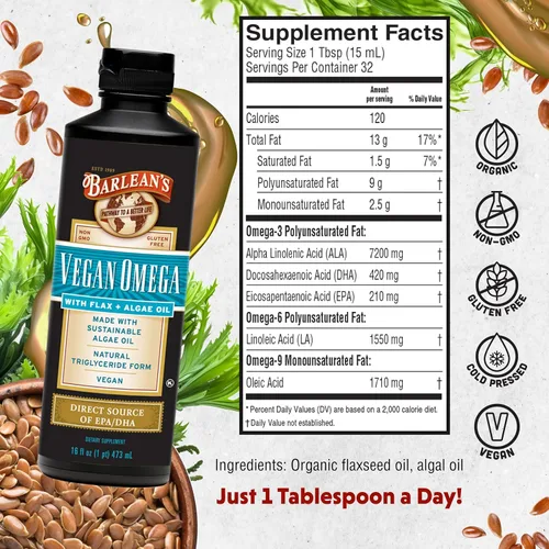 Miniatura 2 de Barlean's Suplemento vegano Omega de lino líquido y aceite de algas a base de plantas EPA DHA de aceite de algas y linaza orgánica, suplementos