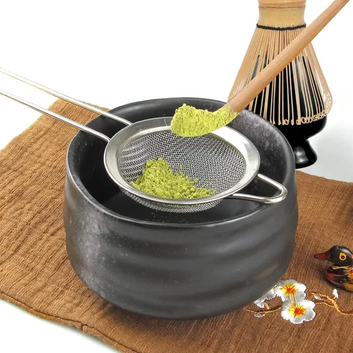 Miniatura 5 de Artcome Juego de té matcha japonés de 10 piezas, cuenco matcha, batidor, cuchara, paño, soporte de bambú, organizador de polvo, colador (negro)