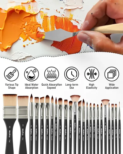 Miniatura 9 de Nicpro Juego de 26 pinceles de pintura, pinceles profesionales con cuchillo de paleta, pinceles de pintura para manualidades para pintura acrílica