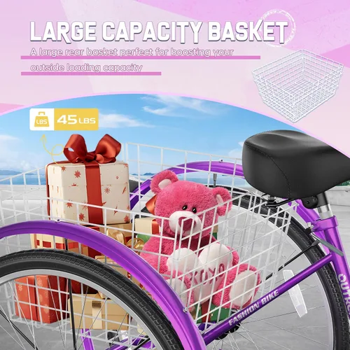 Miniatura 3 de Triciclo para adultos de 1 velocidad, bicicletas de 3 ruedas de 24 pulgadas con canasta grande, bicicleta de crucero para mujeres/hombres/personas