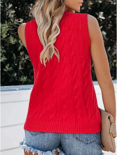 Miniatura 2 de Fisoew Suéter de punto sin mangas con cuello en V para mujer, estilo casual