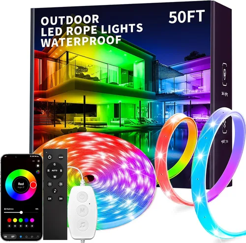 Miniatura 10 de KSIPZE Tiras de luces LED al aire libre impermeables IP68, luces LED al aire libre RGB con botón y control de aplicación Bluetooth, sincronización