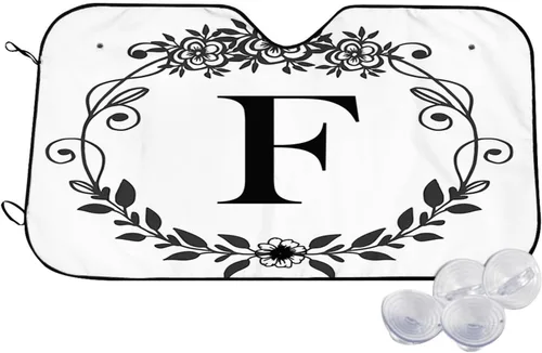 Parasol para parabrisas de automóvil con inicial floral, ajuste universal, letra F, mantiene tu vehículo fresco. Reflector de calor y sol UV, negro