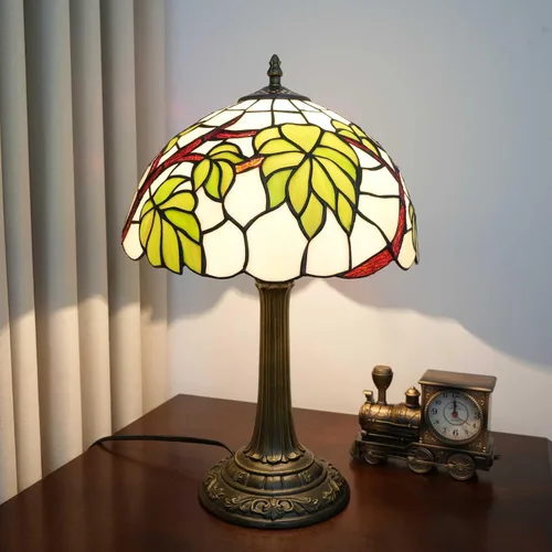 Tiffany - Lámpara de mesa con vitrales de 12 pulgadas, hoja de uva verde, estilo Tiffany, lámpara vintage Nouveau para dormitorio, sala de estar,