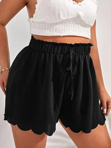 Miniatura 4 de MakeMeChic Pantalones cortos de pierna ancha con cintura elástica y ribete festoneado para mujer