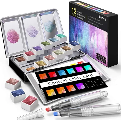 Emooqi Juego de pinturas de acuarela, pintura sólida de acuarela con purpurina metálica, incluye 12 colores metálicos con purpurina, 2 pinceles de