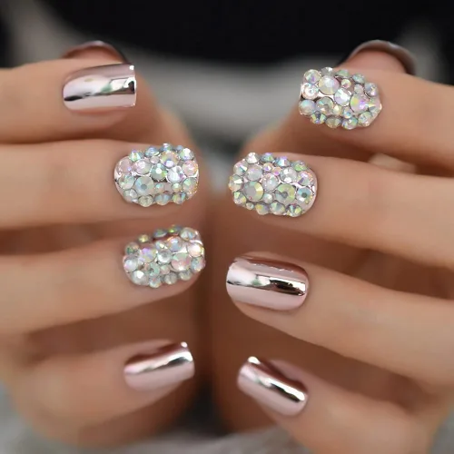 Miniatura 6 de Coolnail - Puntas de uñas postizas de acrílico rosa metálico sexy, strass rosa claro, espejo decorativo brillante, uñas artificiales cortas L5538