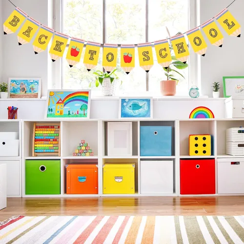 Miniatura 3 de Whaline Cartel de regreso a clases premontado, decoración colgante de bienvenida a la escuela, patrón de manzanas, patrón de primer día de escuela