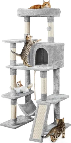 Miniatura 9 de Topeakmart Árbol para gatos de 63 pulgadas, mueble grande de torre para gatos con condominio para gatos, plataforma acolchada y poste rascador