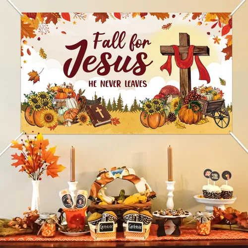 Miniatura 5 de WATINC Decoración de pancarta extragrande de otoño para Jesús, con texto en inglés "Fall for Jesus" ("Fall for Jesus", "El nunca deja"), fondo
