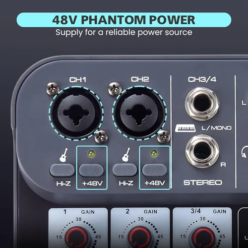 Miniatura 3 de Mezclador de audio DJ de 4 canales, mezcladores de sonido, placa de mezcla de sonido XLR 1/4" de interfaz, entrada BT USB MP3 para computadora