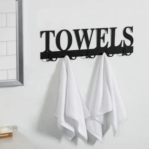 Miniatura 3 de MyGift Toallero para baño, soporte para toallas de baño montado en la pared con 5 ganchos dobles, colgador de toalla de mano de lavandería de Negro