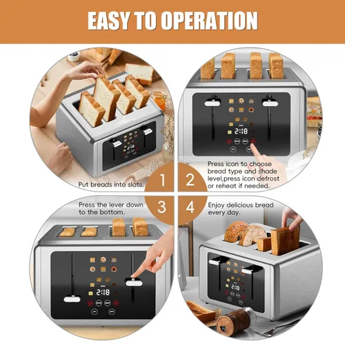 Miniatura 7 de WUNLY Tostadora de 4 rebanadas, pantalla táctil y panel de control independiente dual, 5 funciones básicas y tostadoras con cuenta regresiva