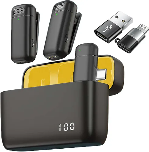 Miniatura 8 de 2 micrófonos de solapa inalámbricos 3 en 1 para iPhone, iPad, USB C, Android, portátil, con estuche de carga, clip en la solapa, mini micrófono