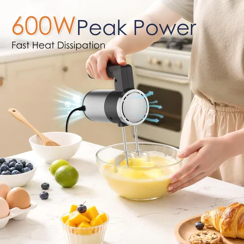 Miniatura 2 de Potente batidora de mano de 600W, batidora de mano eléctrica de 5 velocidades para hornear, ligera con 2 batidores de mano de acero inoxidable y 2