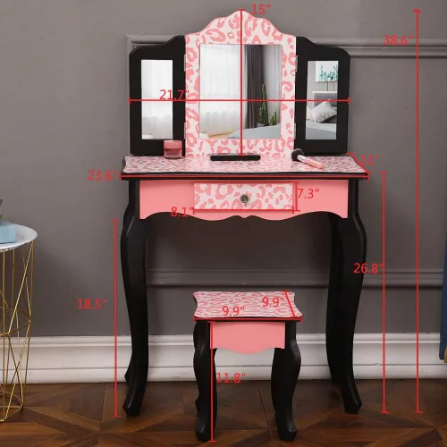 Miniatura 6 de Juego de tocador y taburete para niños con espejo, tocador de maquillaje de princesa 2 en 1 con cajón y parte superior desmontable, tocador