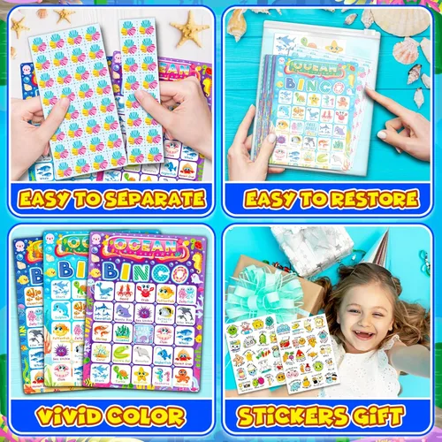 Miniatura 3 de YTSQLER Juego de bingo oceánico para 24 jugadores, animales del océano, juego de bingo para actividades infantiles, bajo el mar, juegos divertidos