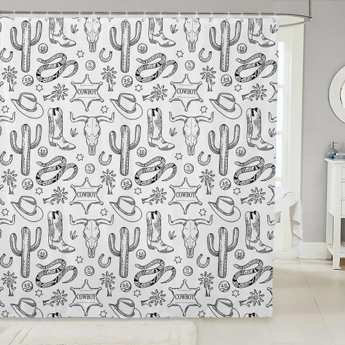 Miniatura 15 de Cortinas de ducha de vaquero occidental, cortinas de baño rústicas para niños, niñas y hombres, cortinas impermeables retro de estilo rústico con 12