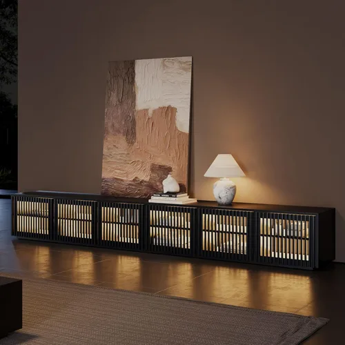 Miniatura 14 de POVISON Soporte de TV Moderno de Mediados de Siglo Completamente Ensamblado, Consola Multimedia de Listones de Madera de 59.06" para TV de 55