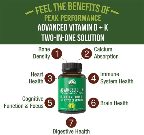 Miniatura 2 de Peak Performance Suplemento Avanzado de Vitamina D 10,000 UI con Todos los 3 Tipos de Vitamina K Cápsulas 10,000 UI de Vitamina D3 y Vitamina K2