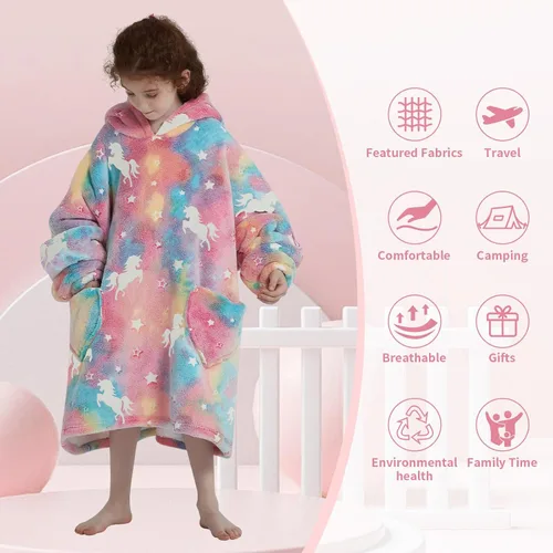 Miniatura 6 de Fiosnow Sudaderas con Manta de Unicornio que Brilla en la Oscuridad para Niños de 6-13 Años Manta con Capucha de Tamaño Grande Usable para Niños