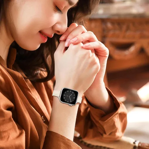 Miniatura 7 de STIROLL - Correa delgada de cuero para reloj inteligente, compatible con Apple Watch de 38, 40, 41, 42, 44, 45 y 49 mm, correa de cuero de grano