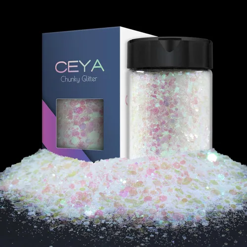 Ceya - Purpurina gruesa, 4.9 oz / 140 g, Polvo de purpurina blanca para manualidades navideñas, 1/128” 0.008” 0.2mm, Purpurina iridiscente para
