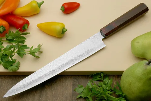 Miniatura 3 de Yoshihiro VG10 46 Capas Damasco Martillado Sujihiki Cuchillo Rebanador Japonés (9.5" (240mm) Mango de Palisandro)