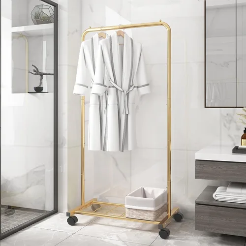 Miniatura 6 de Simple Trending - Perchero estándar para ropa con ruedas y estante de almacenamiento de malla en color amarillo dorado
